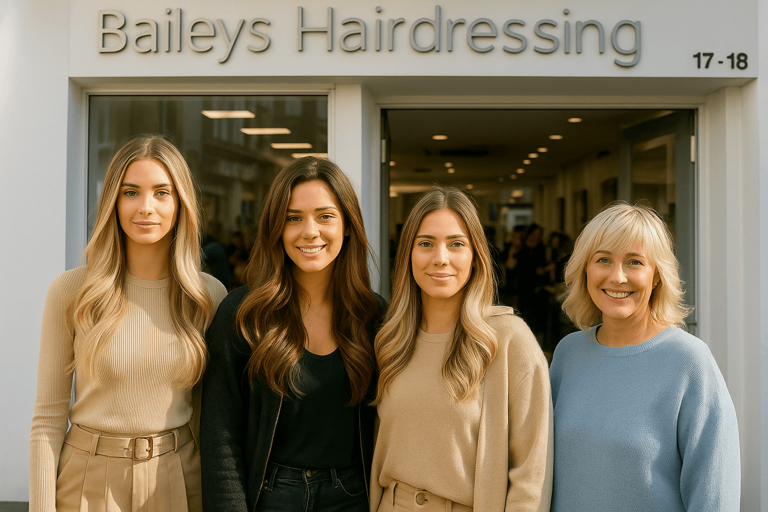 Four women smiling outside Baileys Hairdressing in Grantham, including colour specialist Jane Kirby, each showcasing different highlight styles: full head, half head, and T-section.