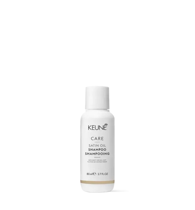 Keune Care Satin Oil Shampoo 80ml Travel Size – nourishing and shine-enhancing shampoo for dry, dull hair on the go, available at Baileys Hairdressing