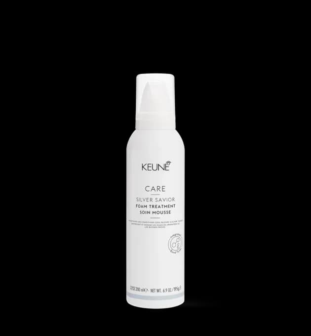 Keune Care Silver Savior Foam Treatment 200ml – toning mousse for cool, blonde or grey tones that nourishes and maintains brightness, available at Baileys Hairdressing