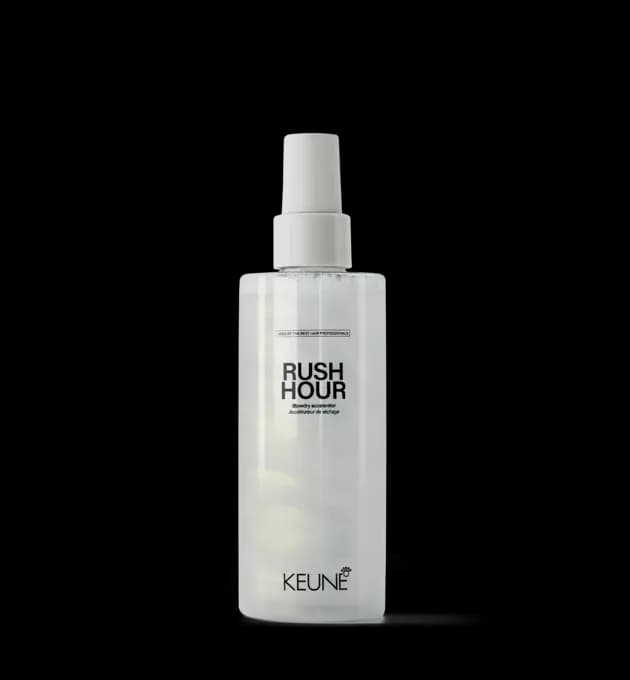 Keune Style Rush Hour 200ml – blow-dry accelerator spray for faster styling and smoother results, available at Baileys Hairdressing